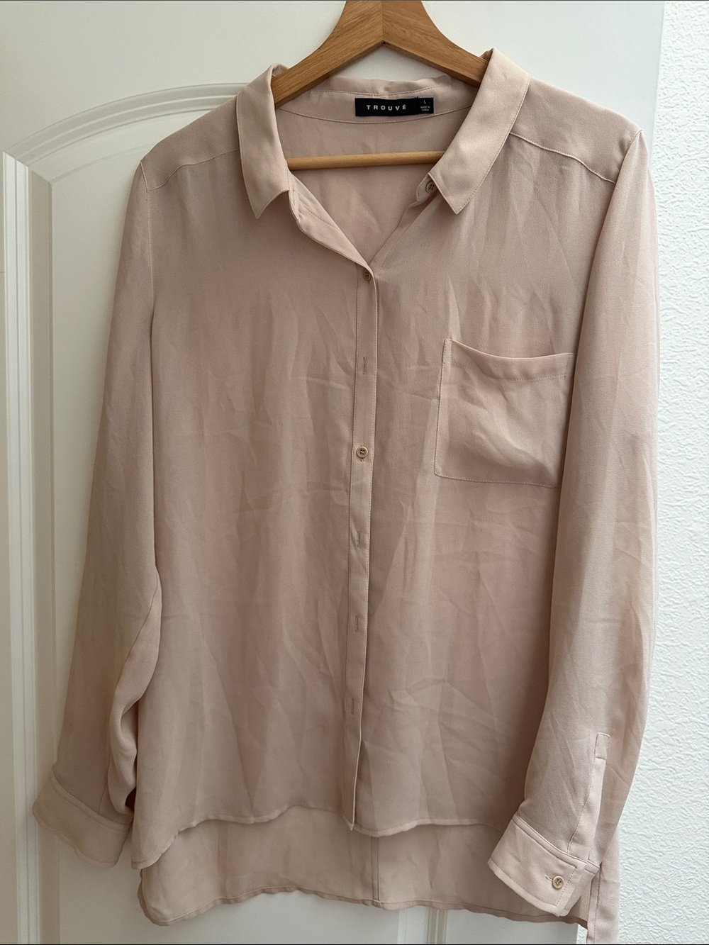 Women's Long-Sleeve Button Front Blouse in Light Beige